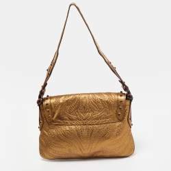 Pre Owned Gucci Gold Embossed Leather Pelham Runway Flap Bag