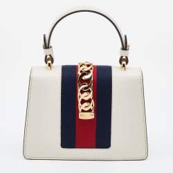 Pre Owned Gucci White Leather Mini Web Sylvie Top Handle Bag