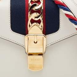 Pre Owned Gucci White Leather Mini Web Sylvie Top Handle Bag