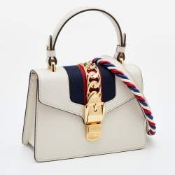 Pre Owned Gucci White Leather Mini Web Sylvie Top Handle Bag