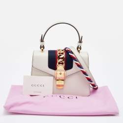 Pre Owned Gucci White Leather Mini Web Sylvie Top Handle Bag