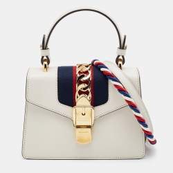 Pre Owned Gucci White Leather Mini Web Sylvie Top Handle Bag