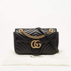 Pre Owned Gucci Black Matelassé Leather Small GG Marmont Shoulder Bag