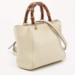 Pre Owned Gucci Off White Leather Mini Bamboo Tote