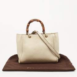 Pre Owned Gucci Off White Leather Mini Bamboo Tote
