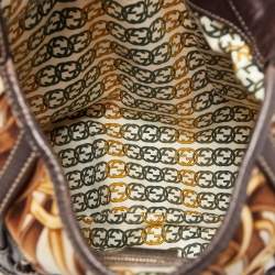 Pre Owned Gucci Dark Brown/Beige Leather And Horsebit Print Velvet 85th Anniversary Brit Hobo