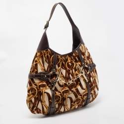 Pre Owned Gucci Dark Brown/Beige Leather And Horsebit Print Velvet 85th Anniversary Brit Hobo