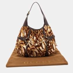 Pre Owned Gucci Dark Brown/Beige Leather And Horsebit Print Velvet 85th Anniversary Brit Hobo