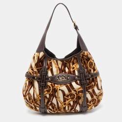 Pre Owned Gucci Dark Brown/Beige Leather And Horsebit Print Velvet 85th Anniversary Brit Hobo