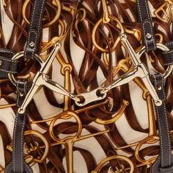 Pre Owned Gucci Dark Brown/Beige Leather And Horsebit Print Velvet 85th Anniversary Brit Hobo