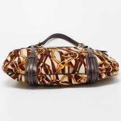 Pre Owned Gucci Dark Brown/Beige Leather And Horsebit Print Velvet 85th Anniversary Brit Hobo