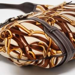 Pre Owned Gucci Dark Brown/Beige Leather And Horsebit Print Velvet 85th Anniversary Brit Hobo