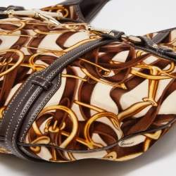 Pre Owned Gucci Dark Brown/Beige Leather And Horsebit Print Velvet 85th Anniversary Brit Hobo