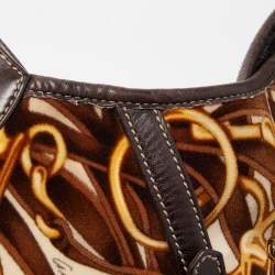 Pre Owned Gucci Dark Brown/Beige Leather And Horsebit Print Velvet 85th Anniversary Brit Hobo