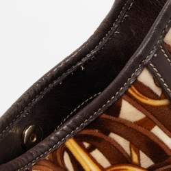 Pre Owned Gucci Dark Brown/Beige Leather And Horsebit Print Velvet 85th Anniversary Brit Hobo