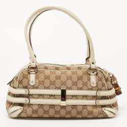 Pre Owned Gucci Beige/White GG Canvas and Leather Wave Boston Bag