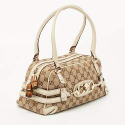Pre Owned Gucci Beige/White GG Canvas and Leather Wave Boston Bag