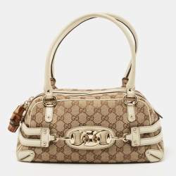 GUCCI-Horsebit-Bamboo-GG-Canvas-Leather-Boston-Bag-Beige-159399