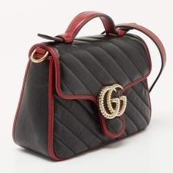 Pre Owned Gucci Black Diagonal Quilt Leather Mini GG Marmont Torchon Top Handle Bag