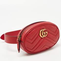 Pre Owned Gucci Red Matelassé Leather GG Marmont Belt Bag