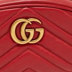 Pre Owned Gucci Red Matelassé Leather GG Marmont Belt Bag
