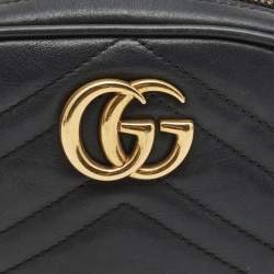 Pre Owned Gucci Black Matelassé Leather GG Marmont Belt Bag