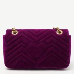 Pre Owned Gucci Magenta Matelassé Velvet Small GG Marmont Shoulder Bag
