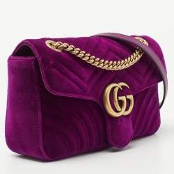 Pre Owned Gucci Magenta Matelassé Velvet Small GG Marmont Shoulder Bag