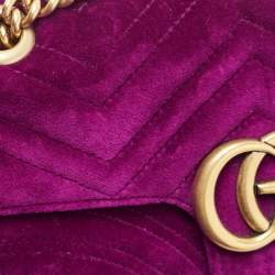 Pre Owned Gucci Magenta Matelassé Velvet Small GG Marmont Shoulder Bag