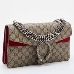 Pre Owned Gucci Beige/Red GG Supreme Canvas and Suede Small Dionysus Shoulder Bag