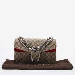 Pre Owned Gucci Beige/Red GG Supreme Canvas and Suede Small Dionysus Shoulder Bag