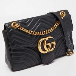 Pre Owned Gucci Black Matelassé Leather Medium GG Marmont Shoulder Bag