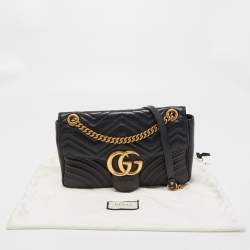 Pre Owned Gucci Black Matelassé Leather Medium GG Marmont Shoulder Bag