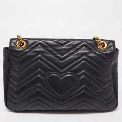 Pre Owned Gucci Black Matelassé Leather Medium GG Marmont Shoulder Bag