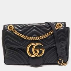 Pre Owned Gucci Black Matelassé Leather Medium GG Marmont Shoulder Bag