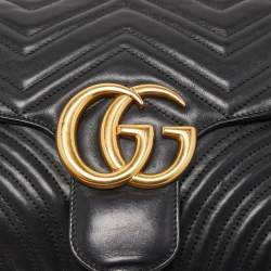 Pre Owned Gucci Black Matelassé Leather Medium GG Marmont Shoulder Bag