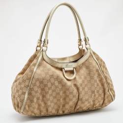 Pre Owned Gucci Beige/Gold GG Canvas and Leather Large Abbey D Ring Shoulder Bag