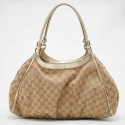 Pre Owned Gucci Beige/Gold GG Canvas and Leather Large Abbey D Ring Shoulder Bag