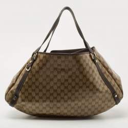 Pre Owned Gucci Beige/Brown Crystal GG Canvas and Leather Pelham Tote