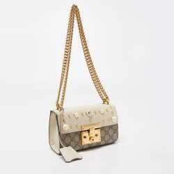 Gucci Beige/Off White GG Supreme Canvas and Leather Small Pearl Embellished Padlock Shoulder Bag