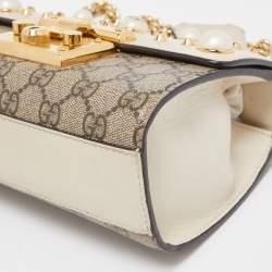 Gucci Beige/Off White GG Supreme Canvas and Leather Small Pearl Embellished Padlock Shoulder Bag