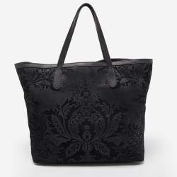 Pre Owned Gucci Black Floral Print Suede Stirrup Tote