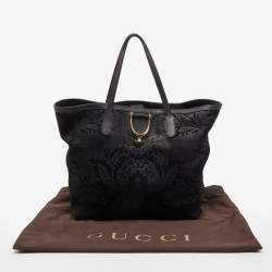 Pre Owned Gucci Black Floral Print Suede Stirrup Tote