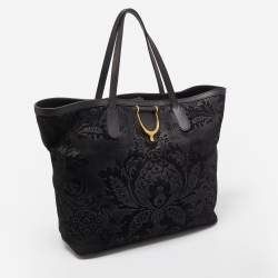 Pre Owned Gucci Black Floral Print Suede Stirrup Tote