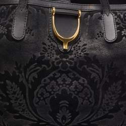 Pre Owned Gucci Black Floral Print Suede Stirrup Tote
