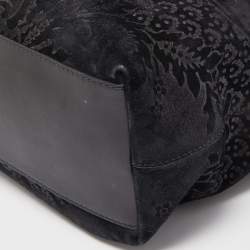 Pre Owned Gucci Black Floral Print Suede Stirrup Tote