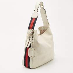 Pre Owned Gucci White Leather Blue Web Hobo