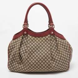 Pre Owned Gucci Red/Beige GG Canvas and Leather Medium Sukey Tote