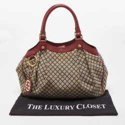 Pre Owned Gucci Red/Beige GG Canvas and Leather Medium Sukey Tote
