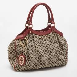 Pre Owned Gucci Red/Beige GG Canvas and Leather Medium Sukey Tote
